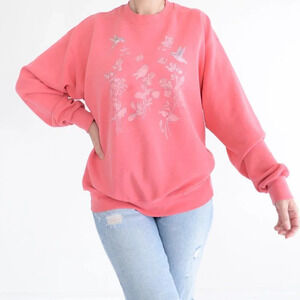 Vintage  Soffe Sweats Made in USA Pink w Floral & Bird Design Crewneck Sweater L